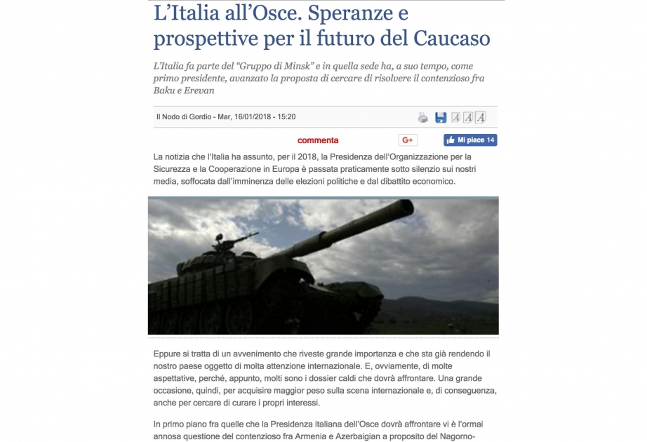 Il Giornale: Italy’s OSCE chairmanship and Alto Adice model may contribute to resolution of Nagorno-Karabakh conflict