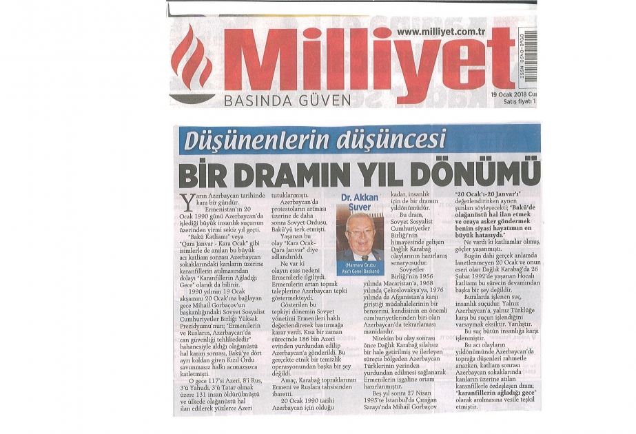 “Milliyyət” qəzeti: Qorbaçovun 20 Yanvar faciəsi barədə etirafı Azərbaycana qarşı törədilmiş cinayətlərin mahiyyətini dəyişmir