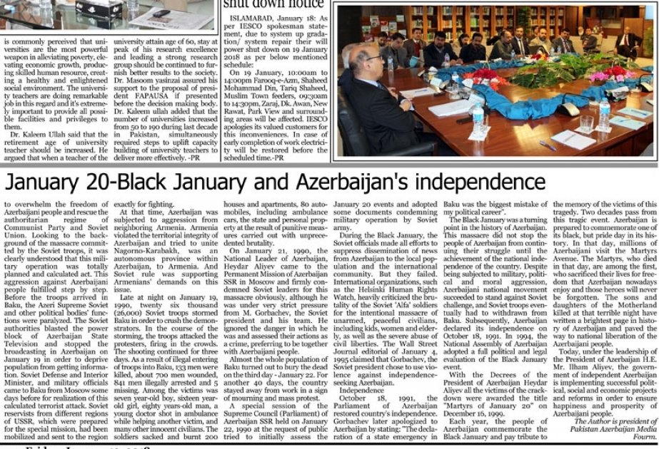 Pakistanın “National Herald Tribune” qəzetində 20 Yanvar faciəsi ilə bağlı məqalə verilib