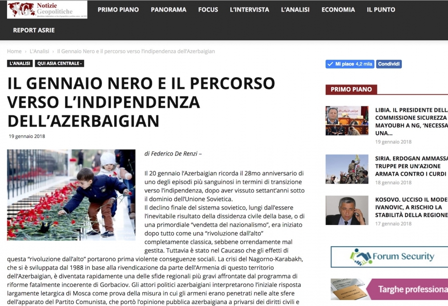 İtaliyanın “Notizie Geopolitiche” analitik portalı 20 Yanvar faciəsindən yazır