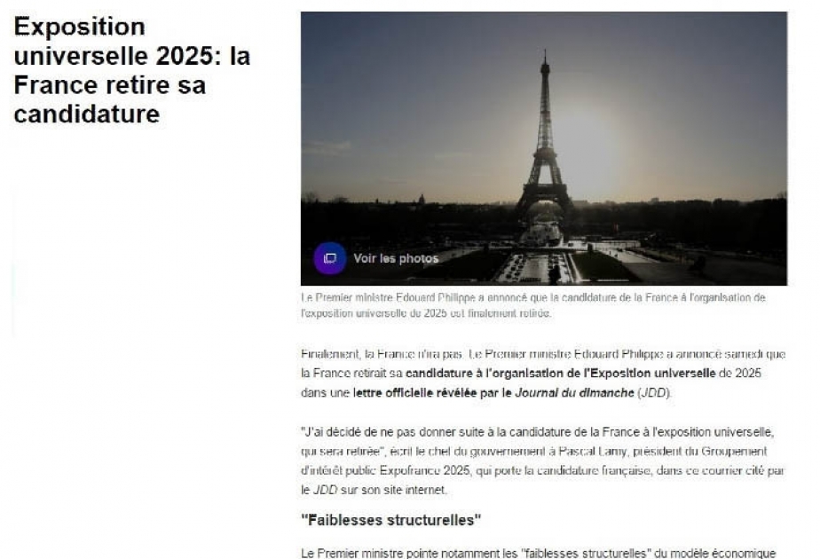 Fransa “EXPO 2025” beynəlxalq sərgisinə namizədliyini geri götürüb
