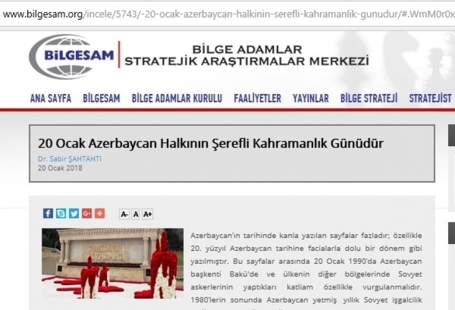 Türkiyənin BİLGESAM Mərkəzi AZƏRTAC-ın xüsusi müxbirinin 20 Yanvar faciəsinə dair məqaləsini yayıb