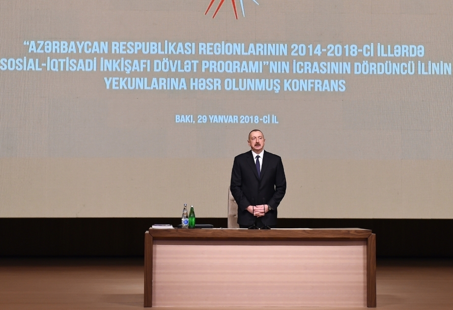 Regionların 2014-2018-ci illərdə sosial-iqtisadi inkişafı Dövlət Proqramının icrasının dördüncü ilinin yekunlarına həsr olunan konfrans keçirilib  Azərbaycan Prezidenti İlham Əliyev konfransda iştirak edib YENİLƏNİB 4 VİDEO