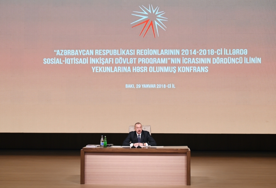 President Ilham Aliyev attended conference dedicated to results of fourth year implementation of the State Program on socio-economic development of regions in 2014-2018 VIDEO