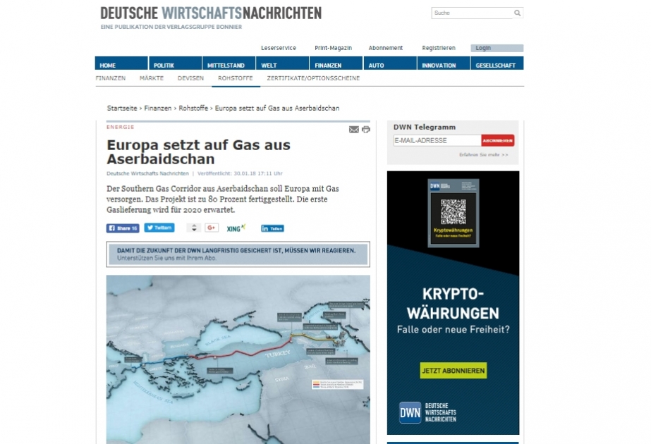 “Deutsche Wirtschafts Nachrichten”: Avropa Azərbaycan təbii qazına böyük ümidlər bəsləyir