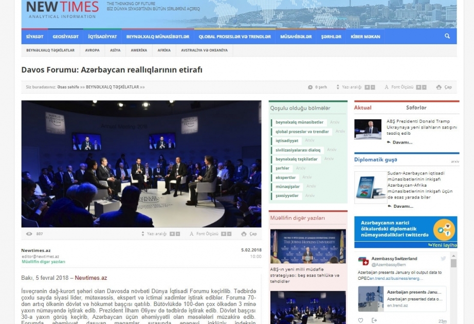 Davos Forumu: Azərbaycan reallıqlarının etirafı