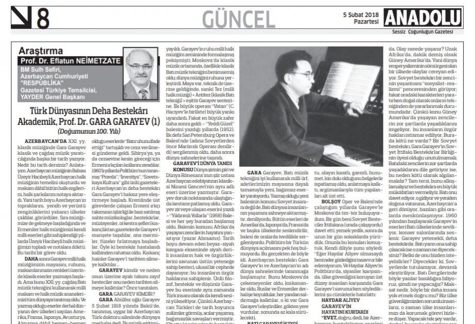 Türkiyənin “Anadolu” qəzetində Qara Qarayev haqqında məqalə dərc olunub