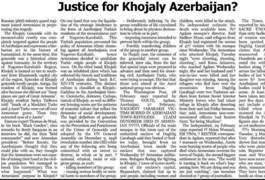 Pakistanın “National Herald Tribune” qəzetində Xocalı soyqırımı barədə məqalə dərc edilib