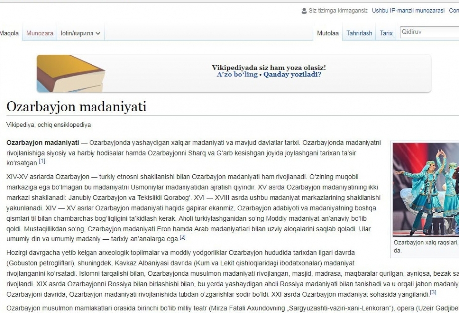 Vikipediyaya Azərbaycan mədəniyyəti haqqında özbək dilində məqalə yerləşdirilib