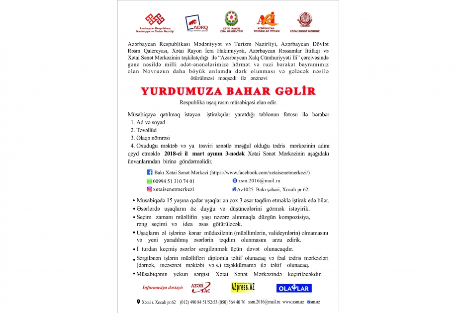 “Yurdumuza bahar gəlir” adlı respublika uşaq rəsm müsabiqəsi elan edilib