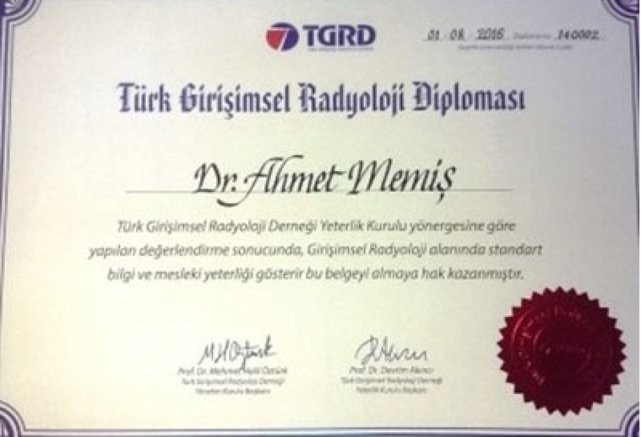 Azərbaycanlı professor Türk Kardiovaskulyar İnvaziv Radiologiya Cəmiyyətinin diplomuna layiq görülüb