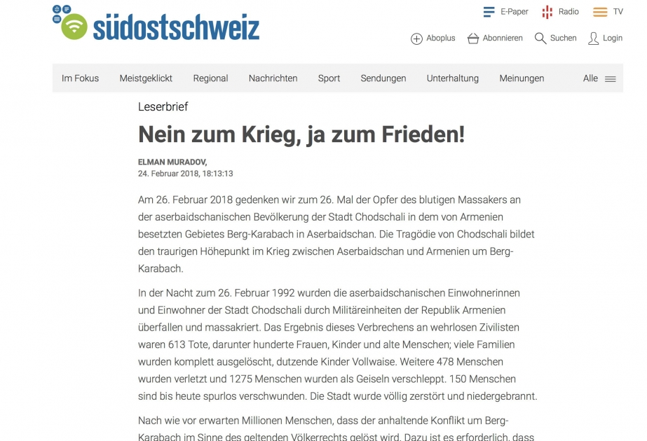İsveçrənin “Südostschweiz” qəzetində Xocalı soyqırımı barədə yazı dərc olunub