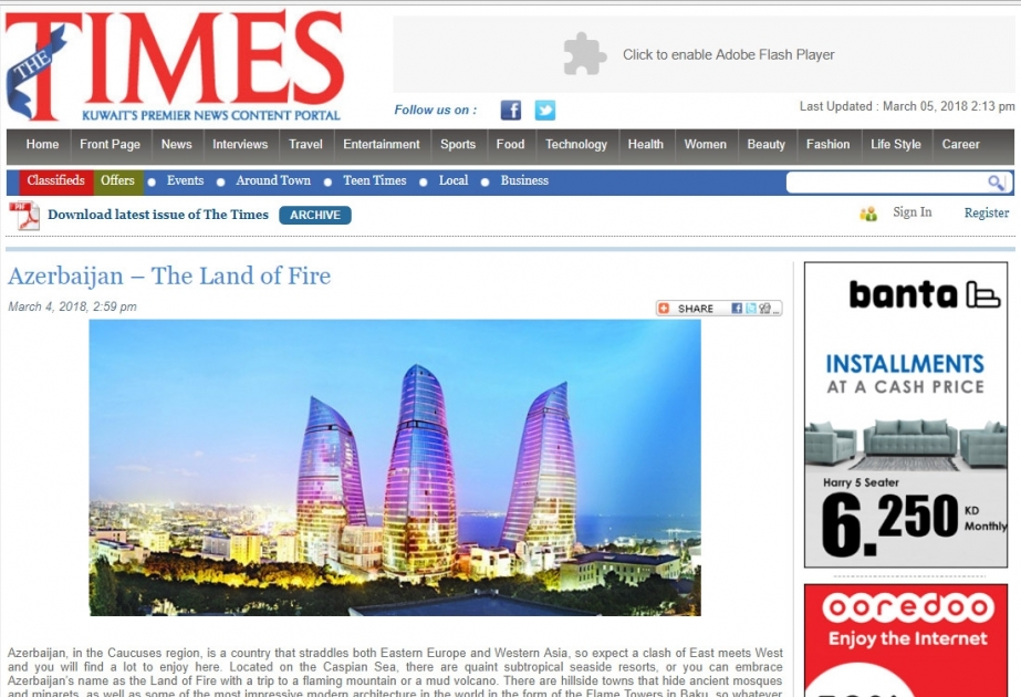 “The Times Kuwait” qəzeti: “Azərbaycan – Odlar Yurdu”
