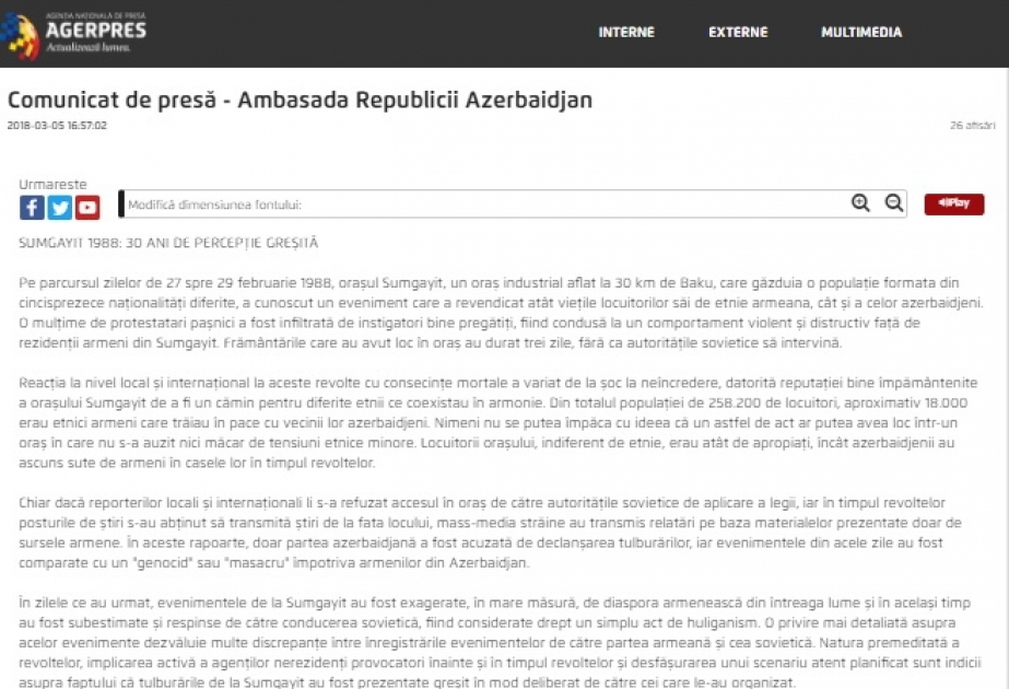 Rumıniyanın “Agerpres” agentliyi Sumqayıt hadisələri barədə yazır