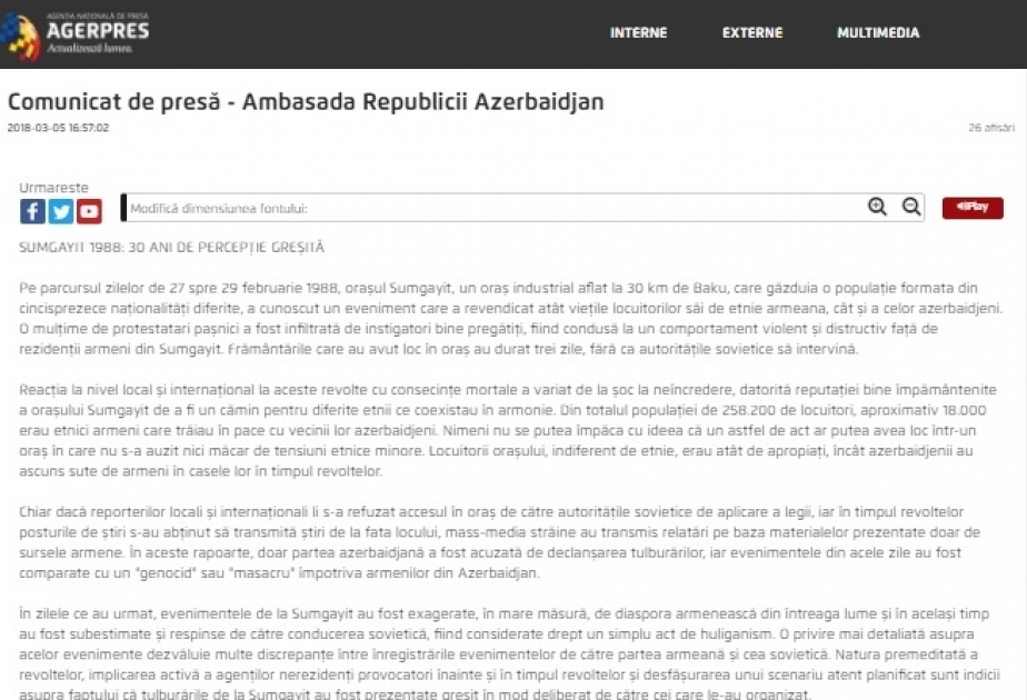 L’agence roumaine Agerpres écrit sur les événements de Soumgaït