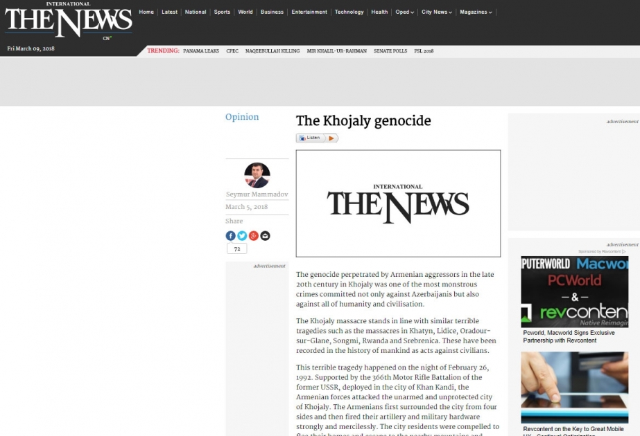 Pakistanın “The News” qəzeti Xocalı soyqırımı barədə məqalə yayıb