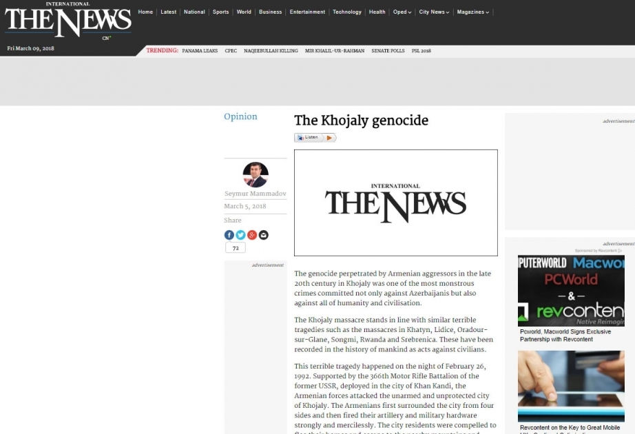 Pakistani The News newspaper highlights Khojaly genocide