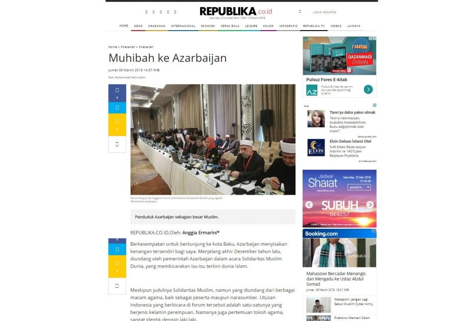 Indonesian Republika newspaper publishes article about Azerbaijan`s tolerance environment