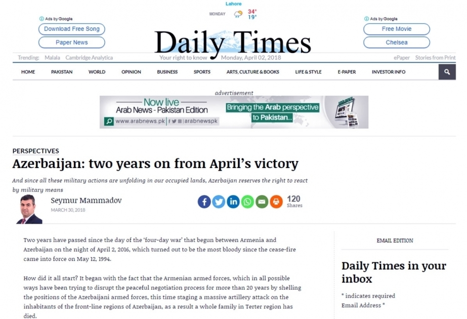Daily Times: “Azerbaijan: two years on from April’s victory”