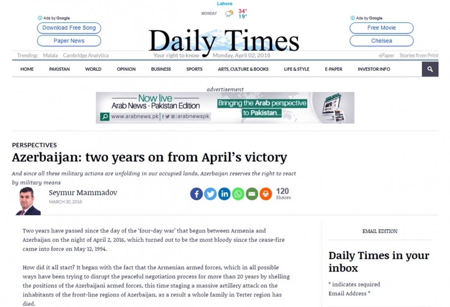 Pakistanische Zeitung schreibt über erfolgreiche April-Gefechte