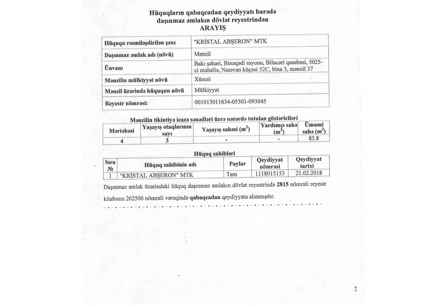 Mənzilinizi başqasına satmaq olmayacaq – “Kristal Abşeron”da XÜSUSİ İMKANLAR