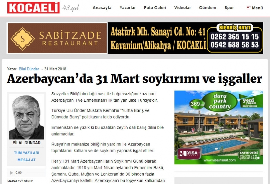 Türkiyə qəzetində 31 mart soyqırımından bəhs edən məqalə dərc olunub