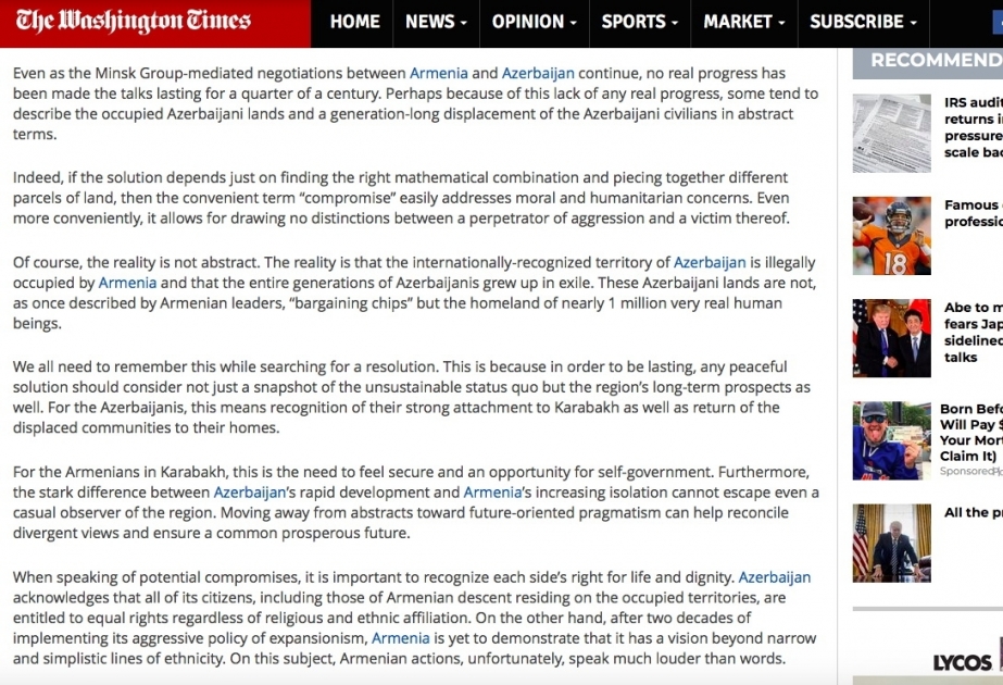 В Washington Times опубликована статья посла Азербайджана, посвященная оккупации Кельбаджара
