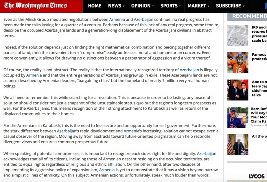 “The Washington Times”da Azərbaycan səfirinin Kəlbəcərin işğalı ilə əlaqədar məqaləsi dərc edilib
