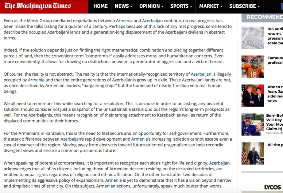 The Washington Times publishes article by Azerbaijani ambassador to US