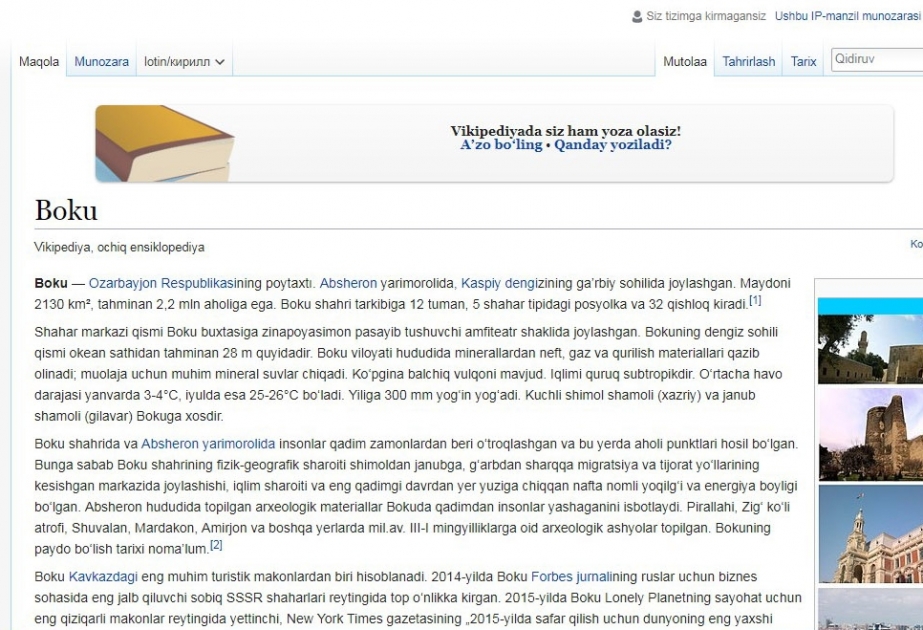 “Wikipedia”da Bakı haqqında özbək dilində bölmə istifadəyə verilib