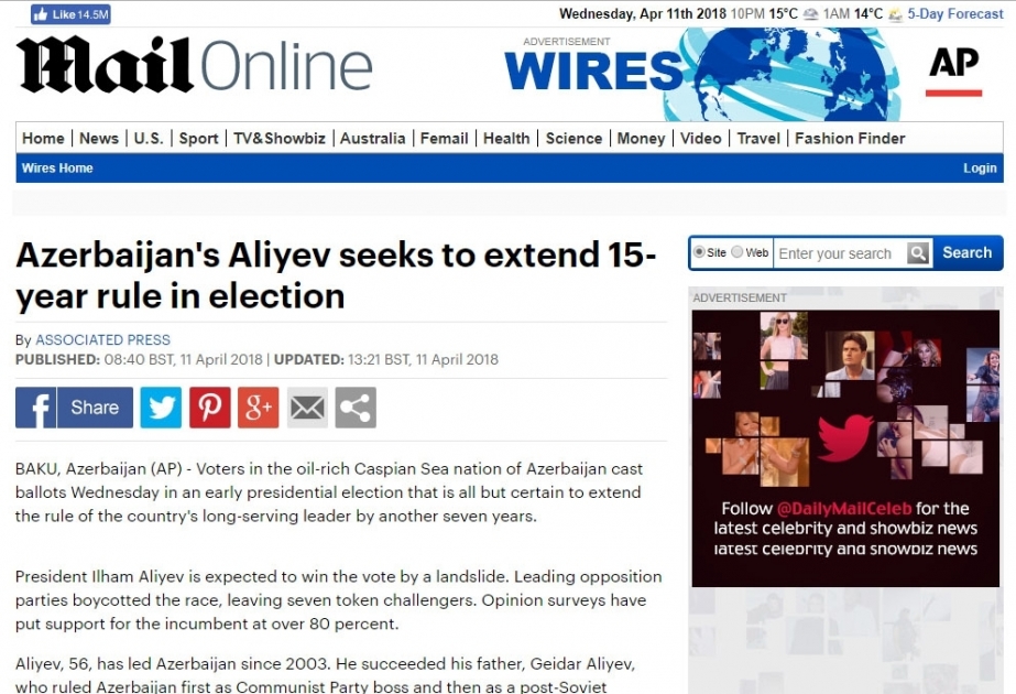 “Daily Mail”: Aparılan sorğuların nəticələrinə əsasən Azərbaycan vətəndaşlarının 80 faizdən çoxu prezident seçkilərində İlham Əliyevi dəstəkləyir