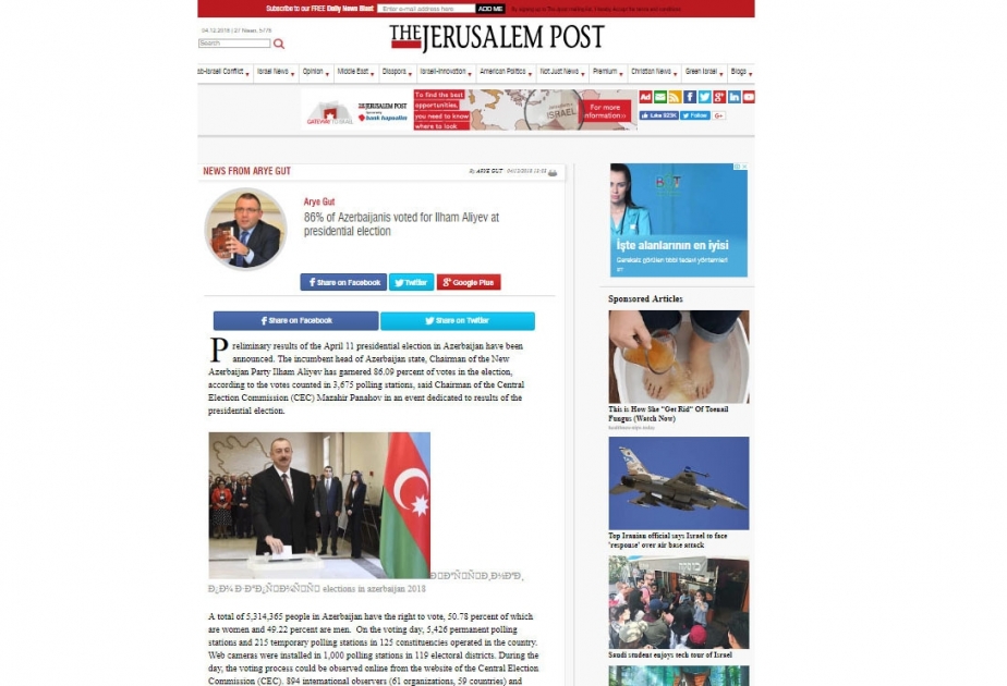 The Jerusalem Post: 86% of Azerbaijanis voted for Ilham Aliyev at presidential election