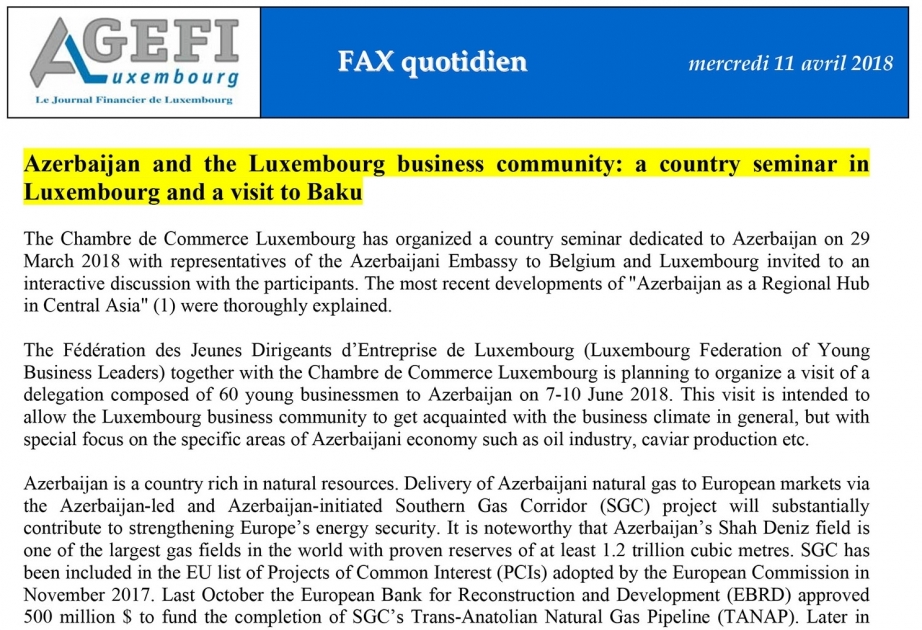 Lüksemburqun “Fax” qəzetində Azərbaycanla bağlı məqalə dərc edilib