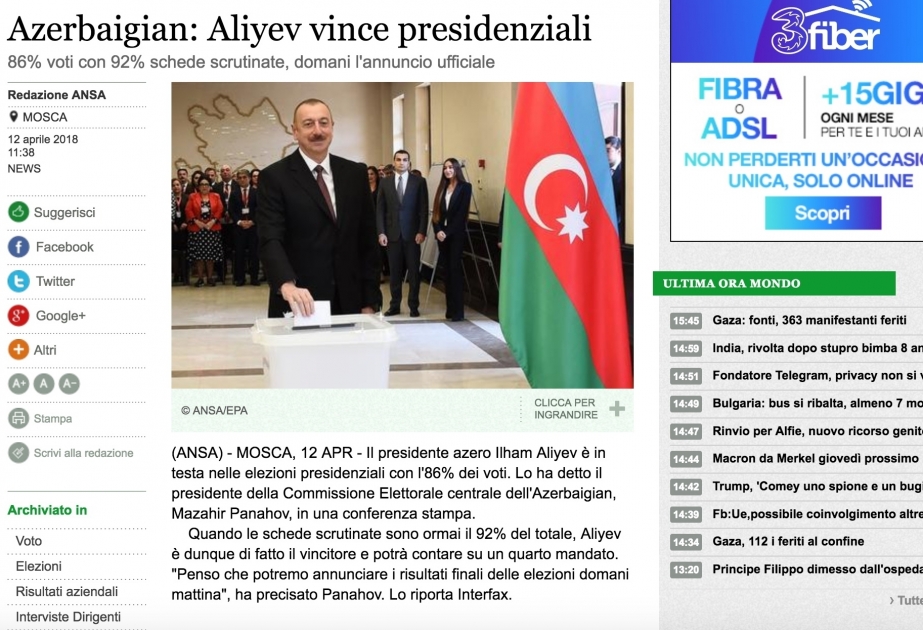 İtaliya mətbuatı Azərbaycanda keçirilmiş prezident seçkilərindən yazır