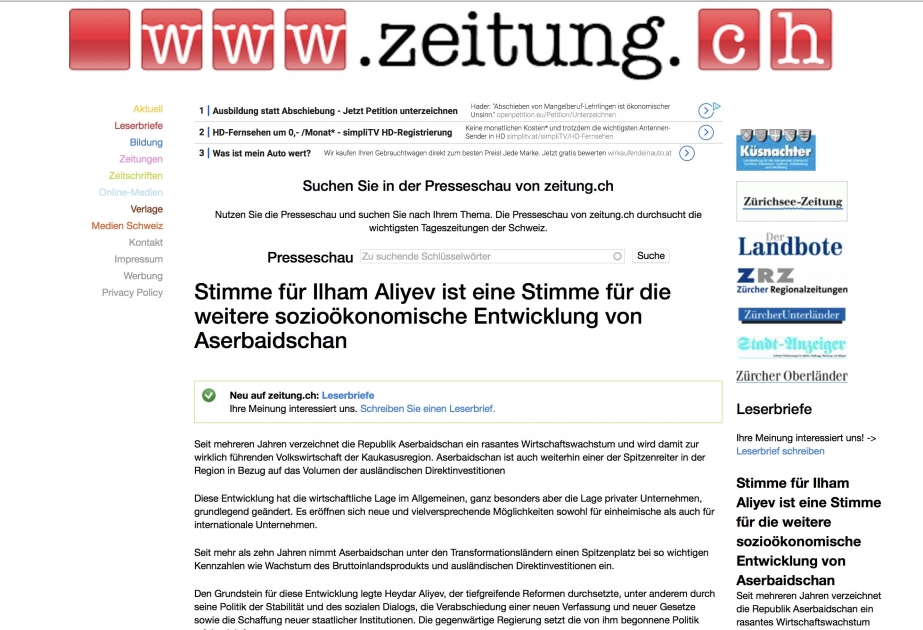 İsveçrənin “Zeitung” portalı: İlham Əliyevi seçkilərdə dəstəkləyən insanlar Azərbaycanın sosial-iqtisadi inkişafına səs veriblər