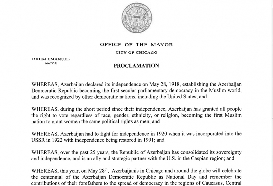 May 28 proclaimed Azerbaijan National Day in Chicago