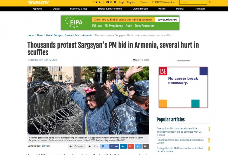 “EurActiv” və “Politico” xəbər portalları Ermənistandakı kütləvi etiraz aksiyalarından yazır