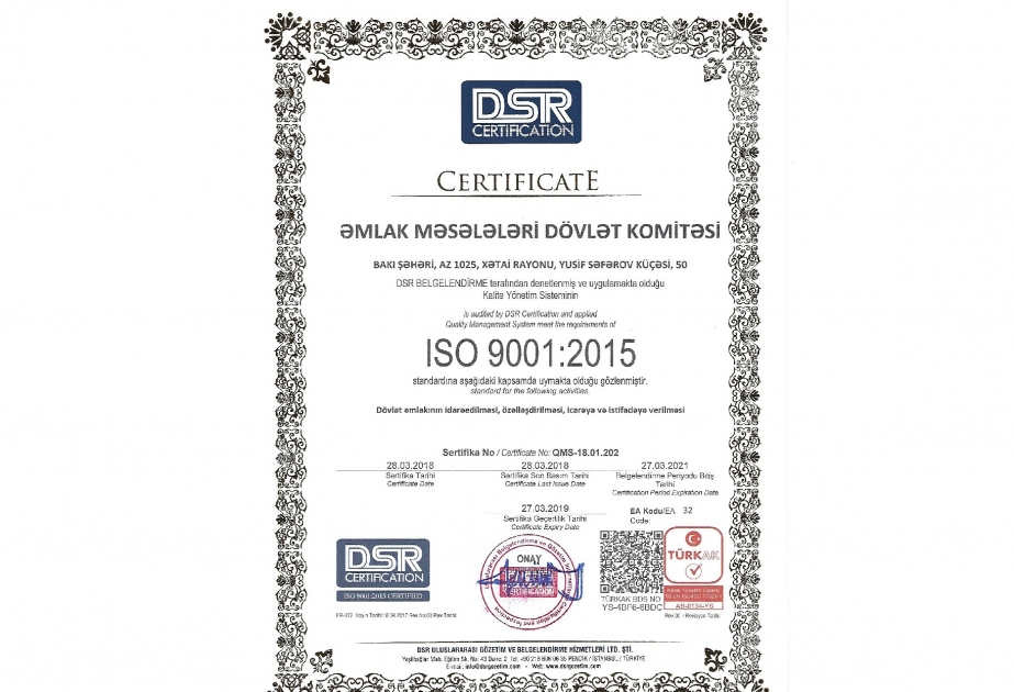 Əmlak Məsələləri Dövlət Komitəsi İSO standartı üzrə iki sahəyə aid beynəlxalq sertifikata layiq görülüb