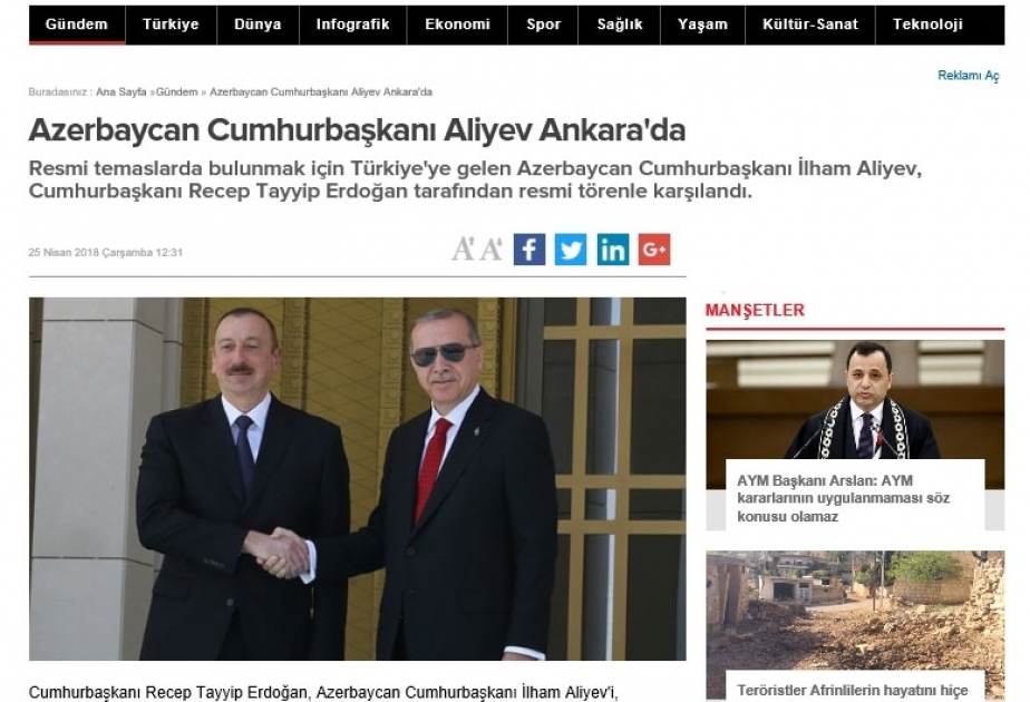 Prezident İlham Əliyevin Ankaraya səfəri Türkiyə KİV-lərinin manşet xəbərinə çevrilib
