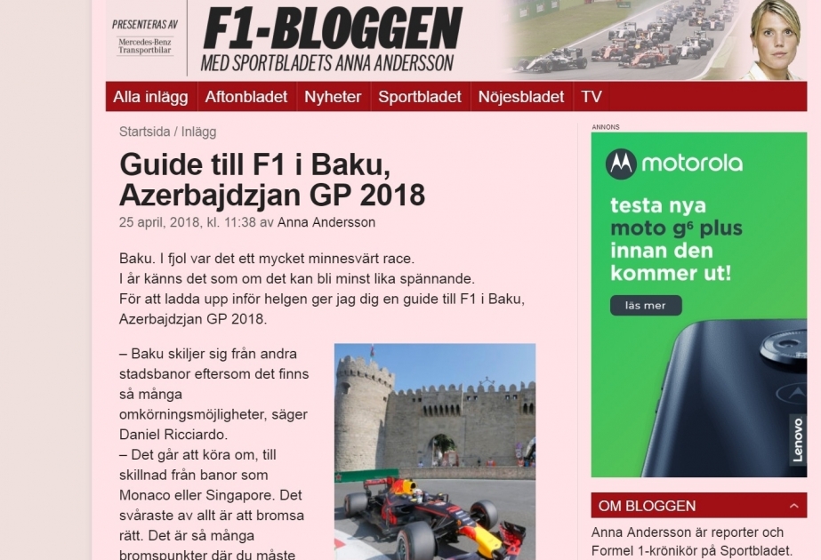 İsveçin ən məşhur tabloidlərindən biri Formula 1 Azərbaycan Qran-Prisindən yazır