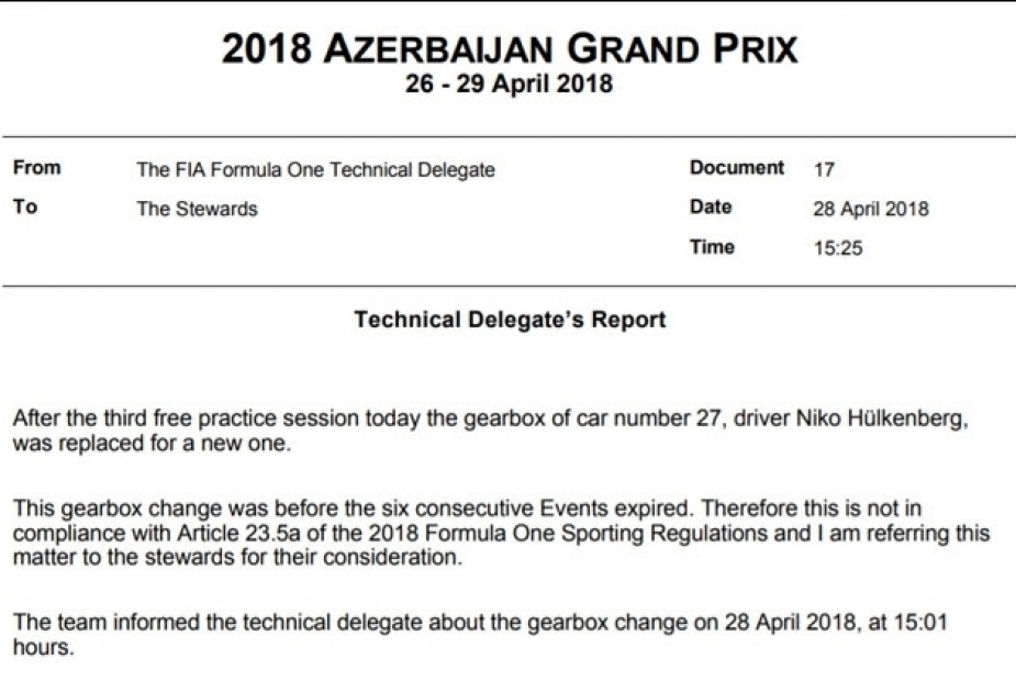 Formula 1: Hulkenberq startda itirdiyi beş yerə görə cərimələnəcək