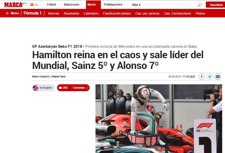 İspaniyanın məşhur idman nəşri “Marca” Formula 1 Azərbaycan Qran-Prisini geniş işıqlandırıb