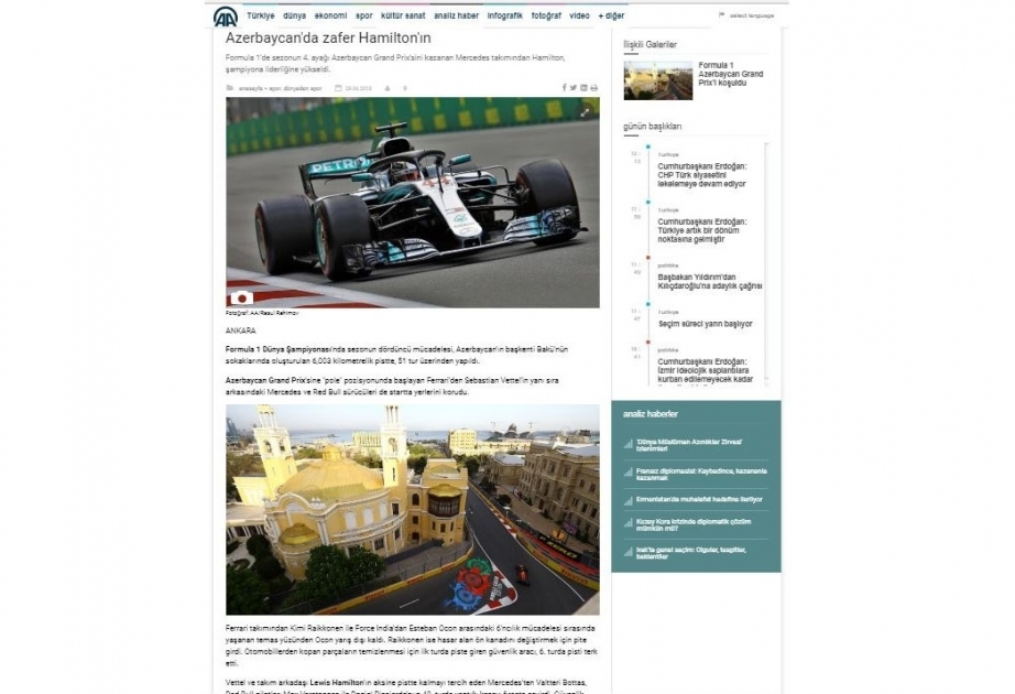 Anadolu Agentliyi Formula 1 Azərbaycan Qran-Prisi barədə geniş məlumat yayıb