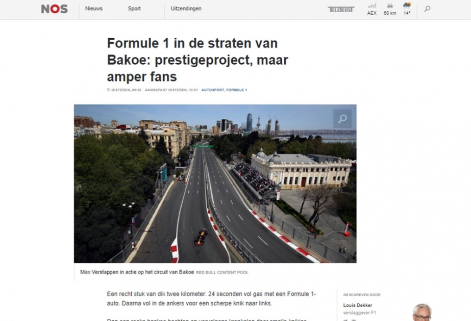Niderland mətbuatı Formula 1 yarışlarını Azərbaycanın böyük uğuru kimi qiymətləndirir