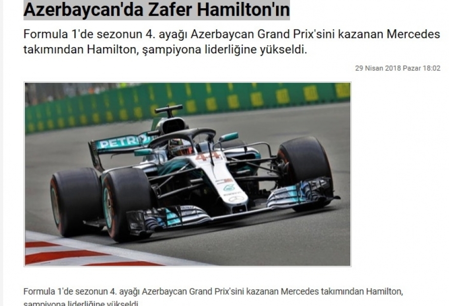 Türkiyə KİV-ləri Formula 1 Azərbaycan Qran-Prisini geniş işıqlandırıb