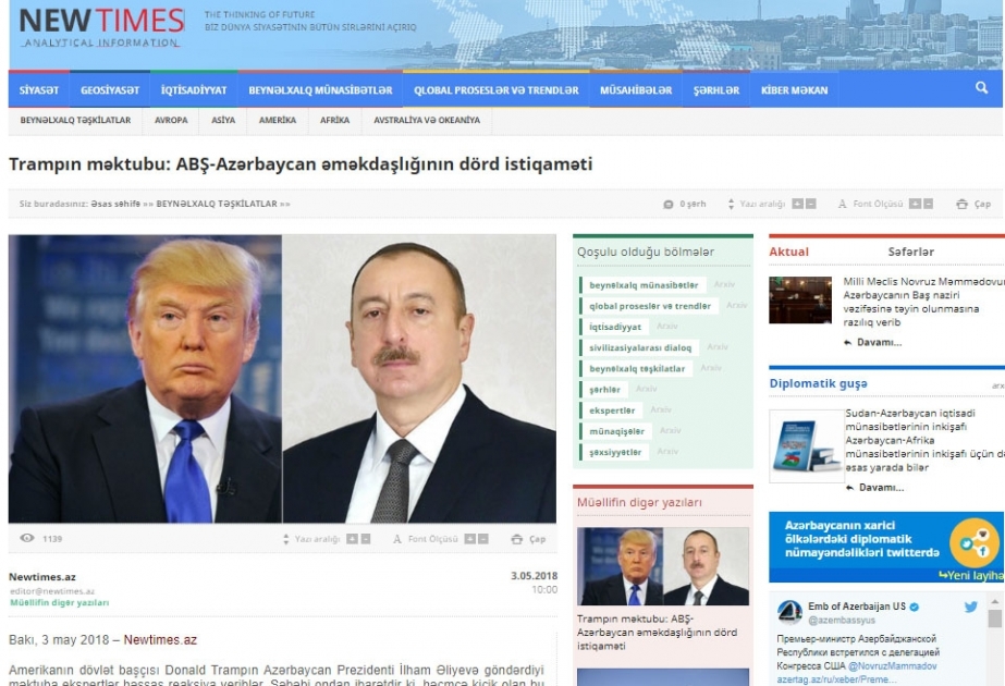 Trampın məktubu: ABŞ-Azərbaycan əməkdaşlığının dörd istiqaməti