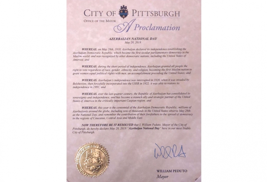 Le 28 mai proclamé «Journée de l’Azerbaïdjan» à Pittsburgh