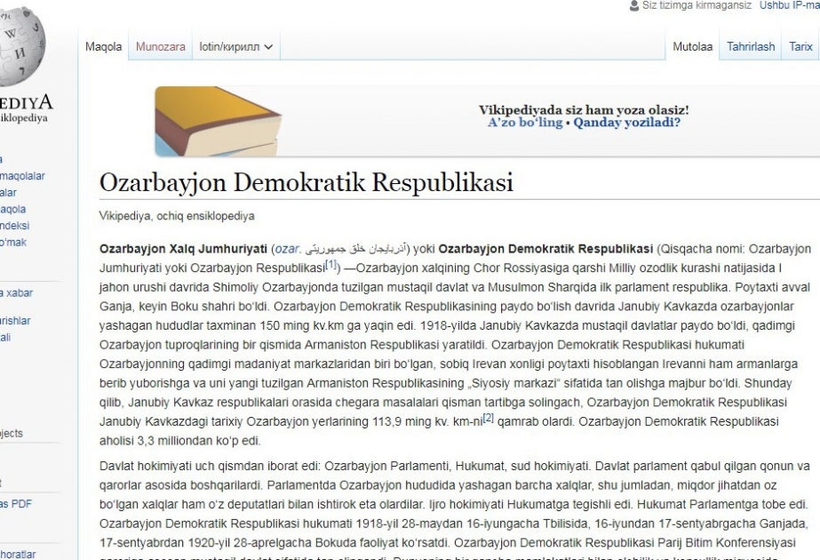 “Vikipedia”nın özbək dilində olan versiyasında Azərbaycan Xalq Cümhuriyyəti adlı bölmə istifadəyə verilib