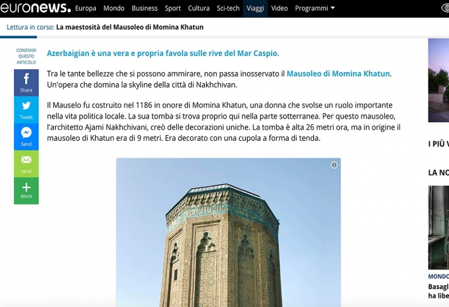 “Euronews” telekanalının italyan dilindəki saytında Möminə xatun türbəsi haqqında məlumat yerləşdirilib