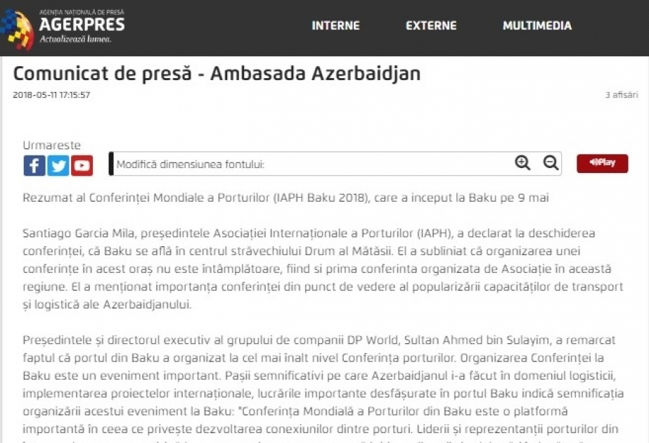 Rumıniyanın AGERPRES milli xəbər agentliyi Bakıda keçirilən Dünya Limanlar Konfransı barədə yazır